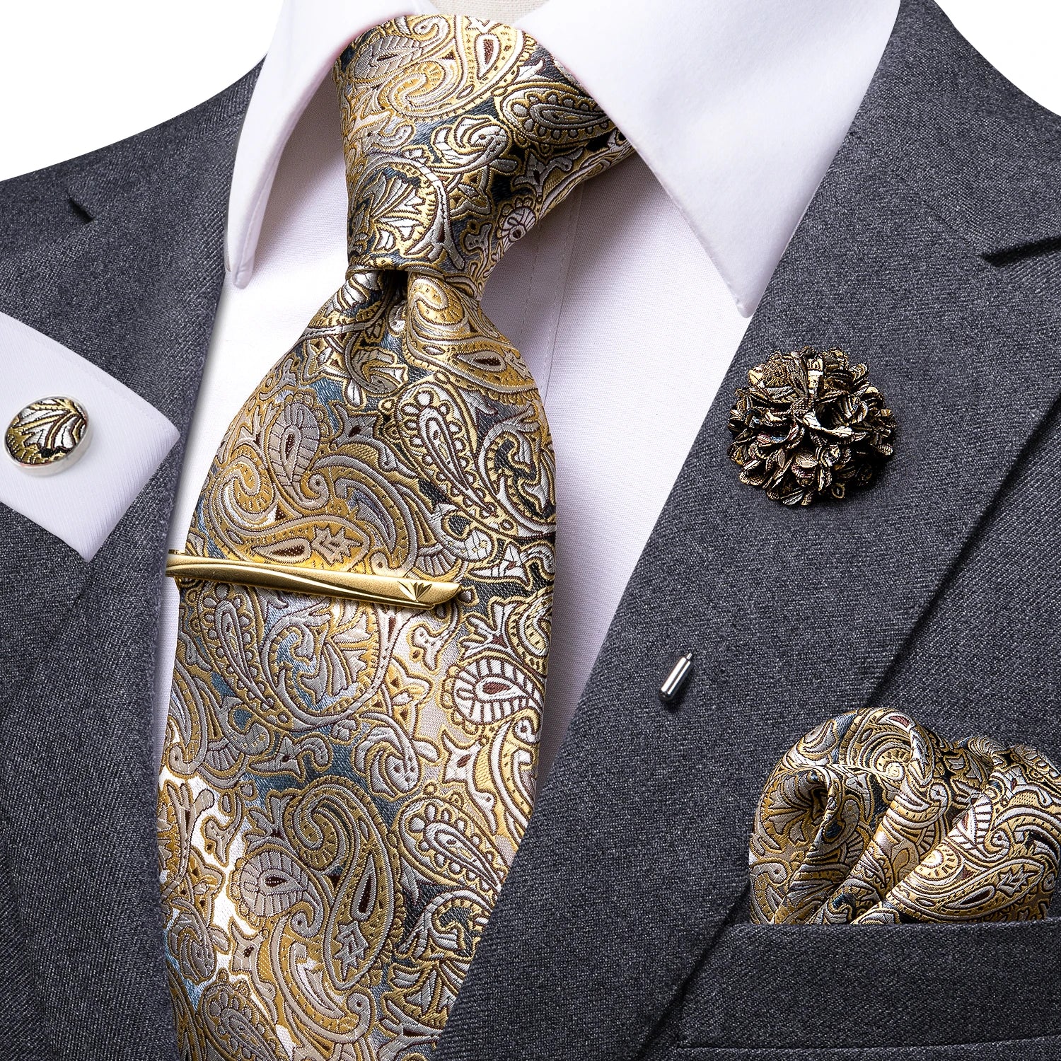 Yellow Brown Paisley Tie Men Men's Clip Luxury Necktie Hanky Qme N-271-XH-042-LJ-403