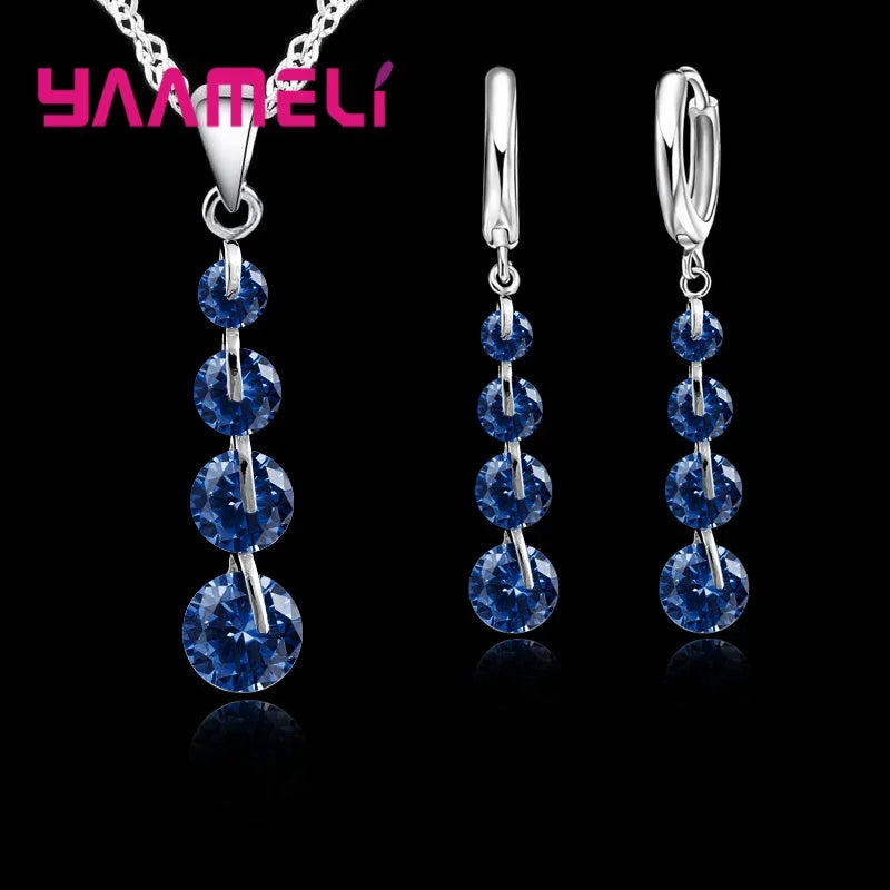 Fashion Bridal Jewelry Set For Women Lady Tassel Cubic Zircon 925 Sterling Silver Color Pendant Necklace Earrings Wedding Gift Qme Blue