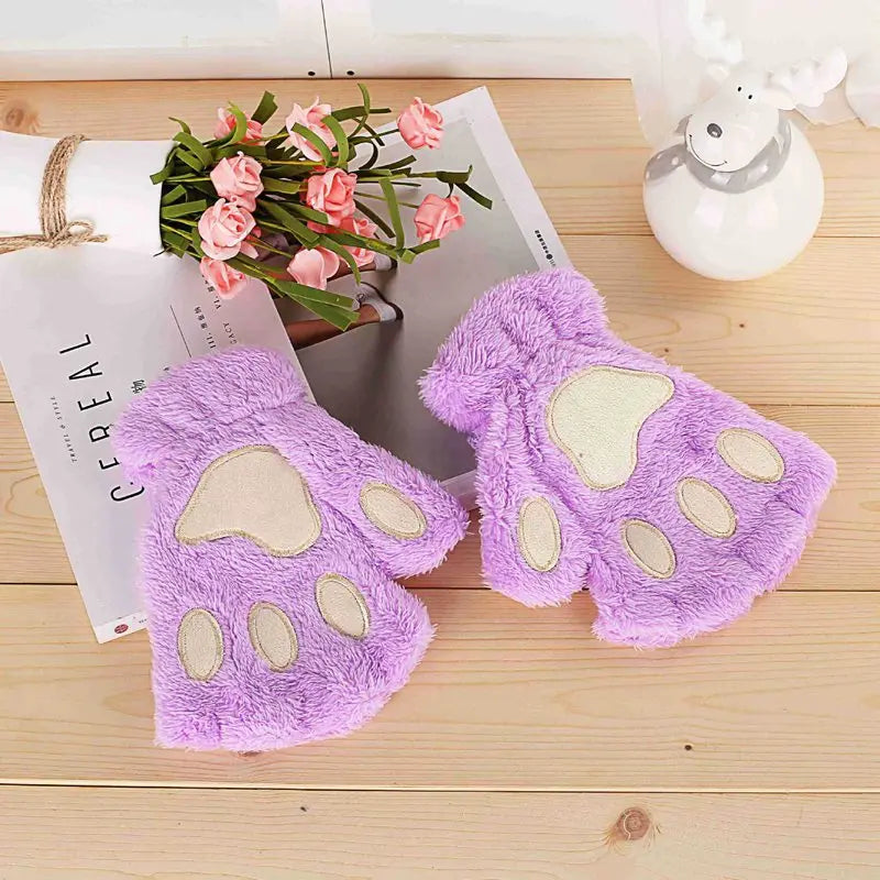 New Winter Gloves Women Bear Plush Cat Paw Claw Gloves Cute Kitten Fingerless Mittens Christmas Halloween for Girls Gift Gloves Qme Lavender One Size