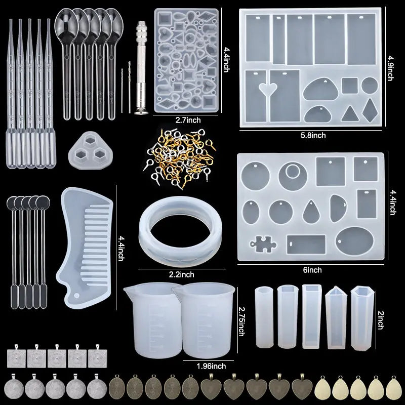 Epoxy Silicone Mold Set Jewelry Casting Mold Kit with Hand Drill, Glitter Sequins and Tools for Pendant Earring Keychain Making Qme 3