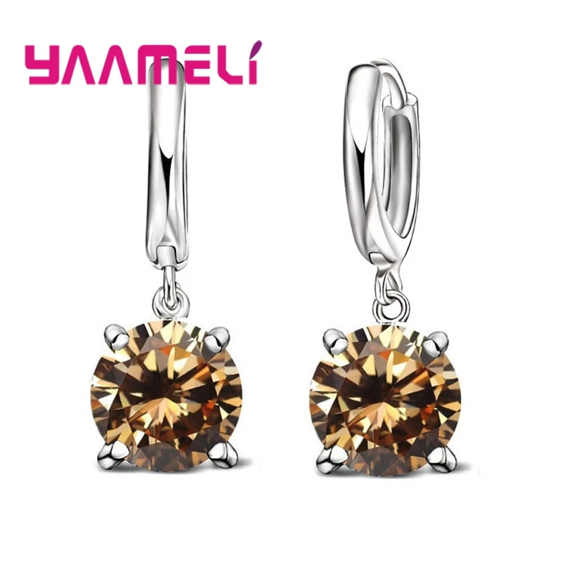 Real 925 Pure Sterling Silver Plated Dangle Earrings CZ Crystal Big Round Earwires for Women Girls Gift Fashion Wedding Jewelry Qme Champagne