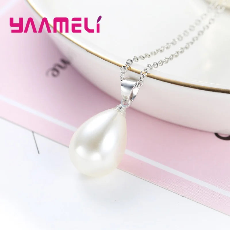 925 Sterling Silver Color Pearl Pendant Necklace Loop Hoop Earrings White Teardrop Women Girls Wedding Party Nice Gifts Qme