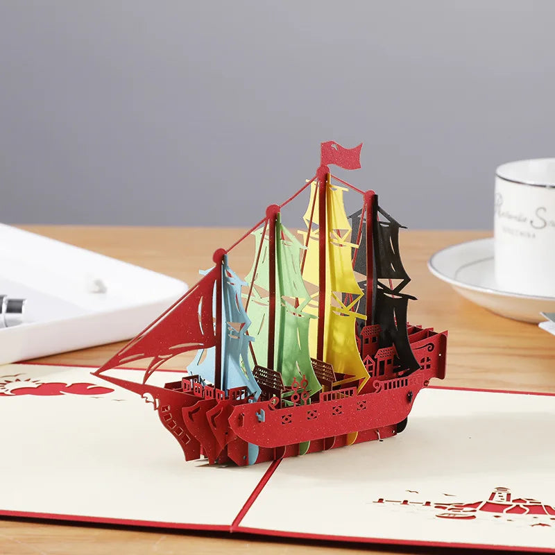 Train Aircraft Sailboat 3D Pop-Up Graduation Creative Greeting Card Production Vintage Postcard Gift Boy's Birthday Thanksgiving Qme
