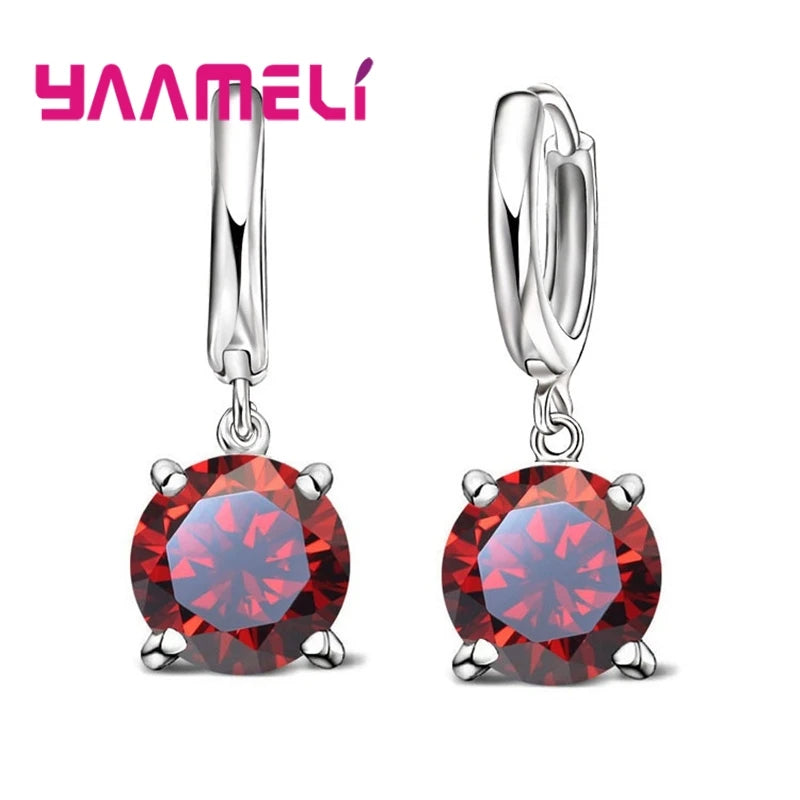 Real 925 Pure Sterling Silver Plated Dangle Earrings CZ Crystal Big Round Earwires for Women Girls Gift Fashion Wedding Jewelry Qme Red