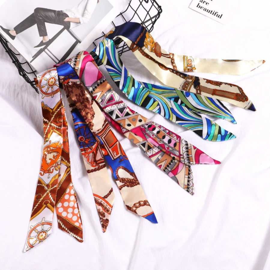 Print Flower Small Scarf Women Handle Bag Ribbons Fashion Head Long Qme