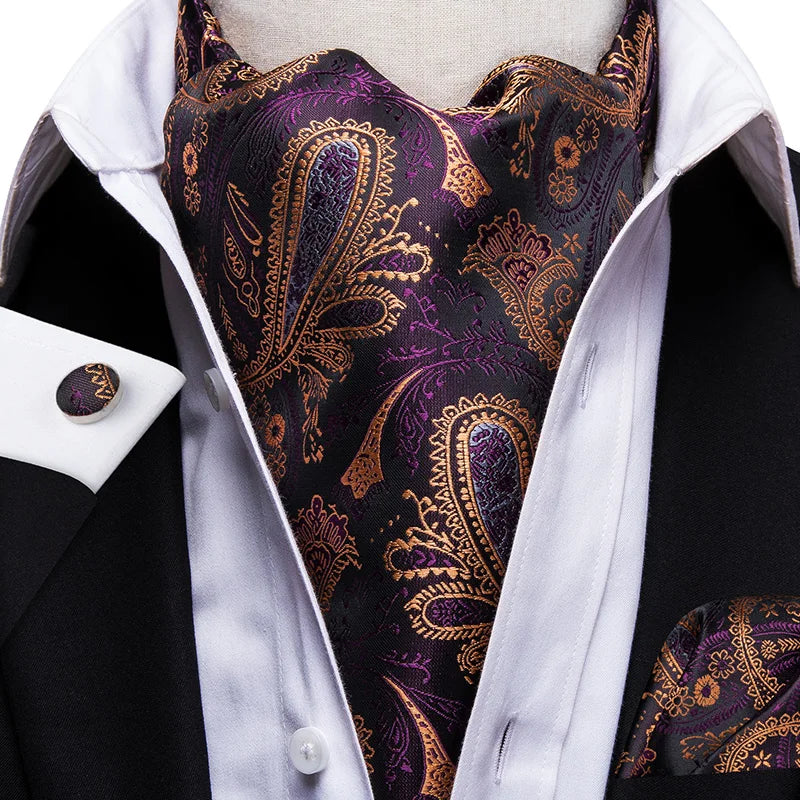 Hi-tie Silk Men's Ascot Pocket Square Cufflinks Jacquard Floral