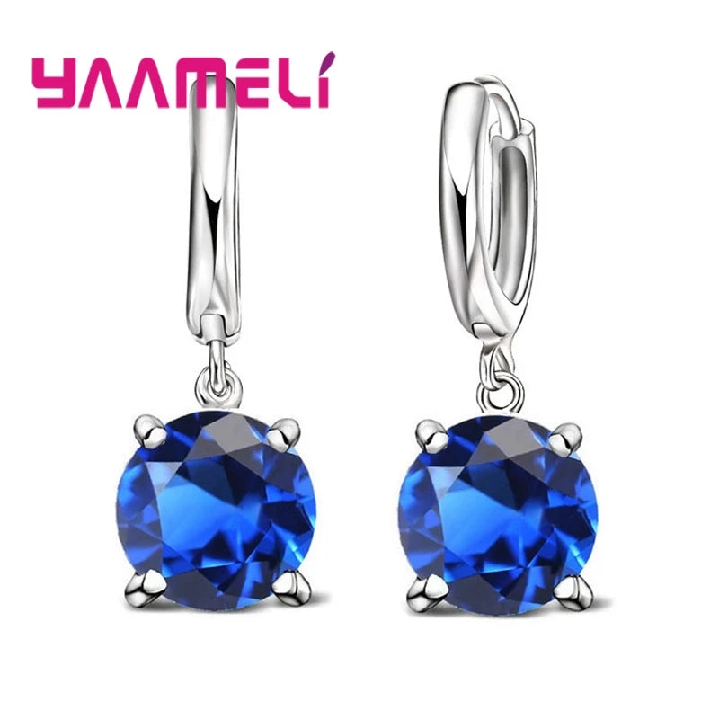 Real 925 Pure Sterling Silver Plated Dangle Earrings CZ Crystal Big Round Earwires for Women Girls Gift Fashion Wedding Jewelry Qme Blue
