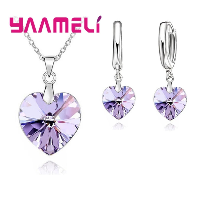 Love Heart Shape Women 925 Sterling Silver Color Bridal Jewelry Set For Wedding Fashion Crystal Pendants Necklaces Earring Set Qme