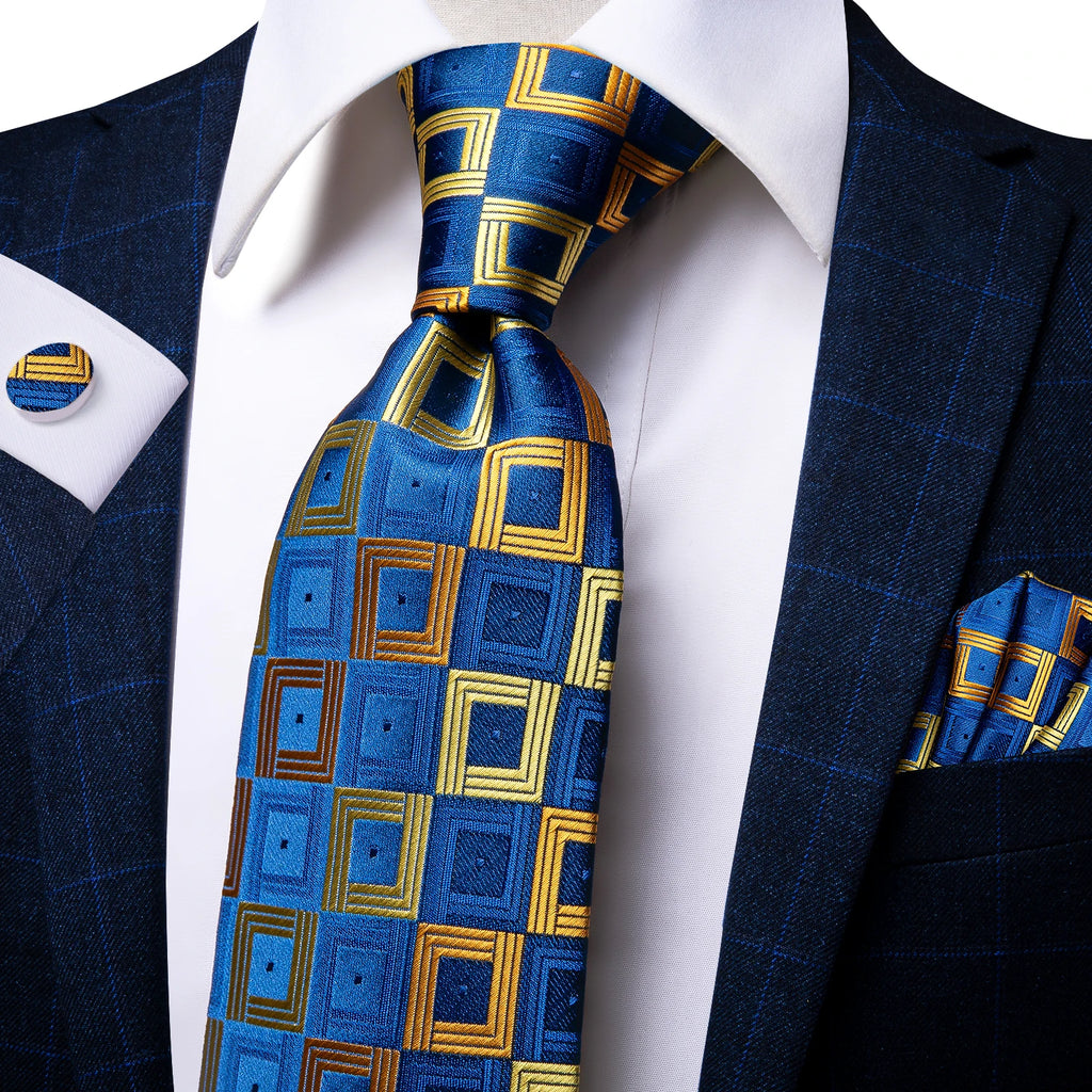 Hi-tie Yellow Blue Plaid Men's Tie Luxury Large Necktie Men Fashion Qme C-3183