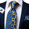 Hi-tie Yellow Blue Plaid Men's Tie Luxury Large Necktie Men Fashion Qme C-3183