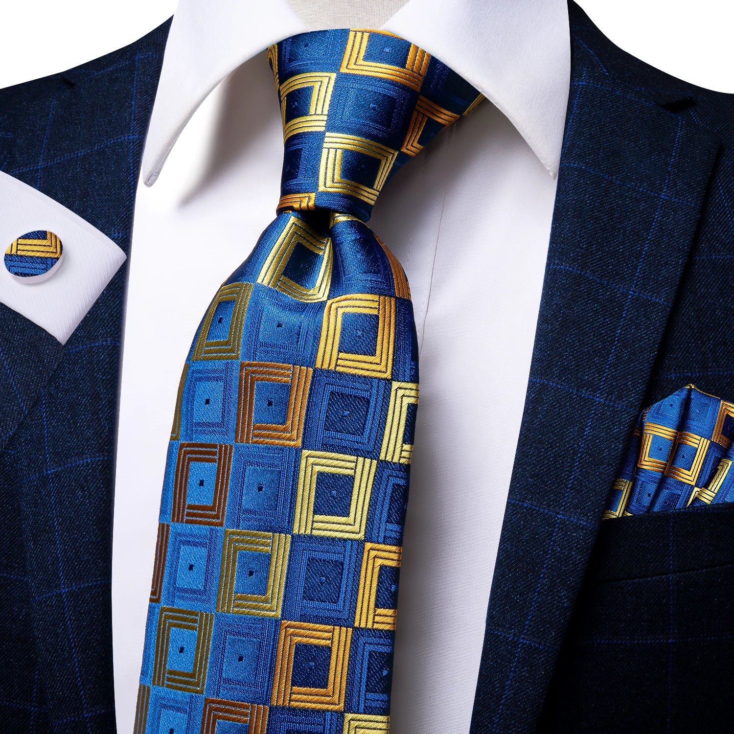 Hi-tie Yellow Blue Plaid Men's Tie Luxury Large Necktie Men Fashion Qme C-3183