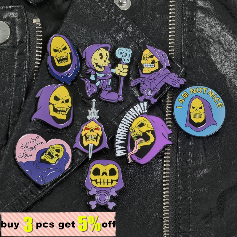 Skeletor Purple Hood Enamel Pins Master Universe Badge Brooch Bag Clothes Lapel Classic Cartoon Jewelry Halloween Gift Wholesale Qme