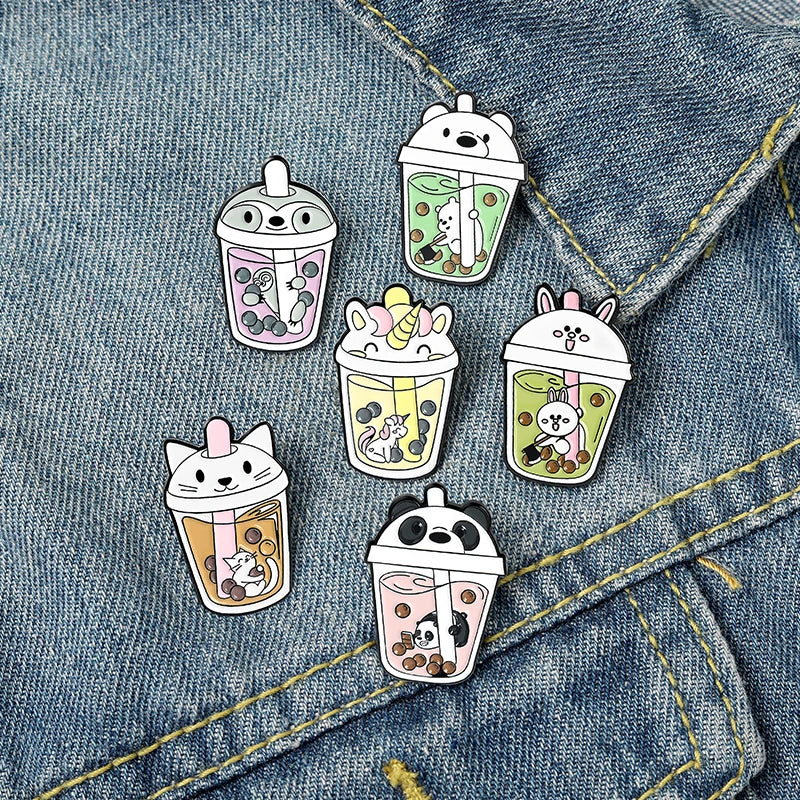 Cute Bubble Cat Penguin Boba Tea Enamel Pins Tapioca Milk Tea Lapel Pin Animal Badges Bag Kitty Brooches for Gift Wholesale Qme