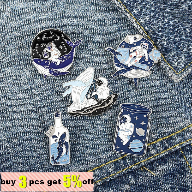 Cosmic Galaxy Astronaut Whale Enamel Lapel Pins Space Brooches Need My Space Badges Plante Pins Up Space Lover Jewelry Wholesale Qme