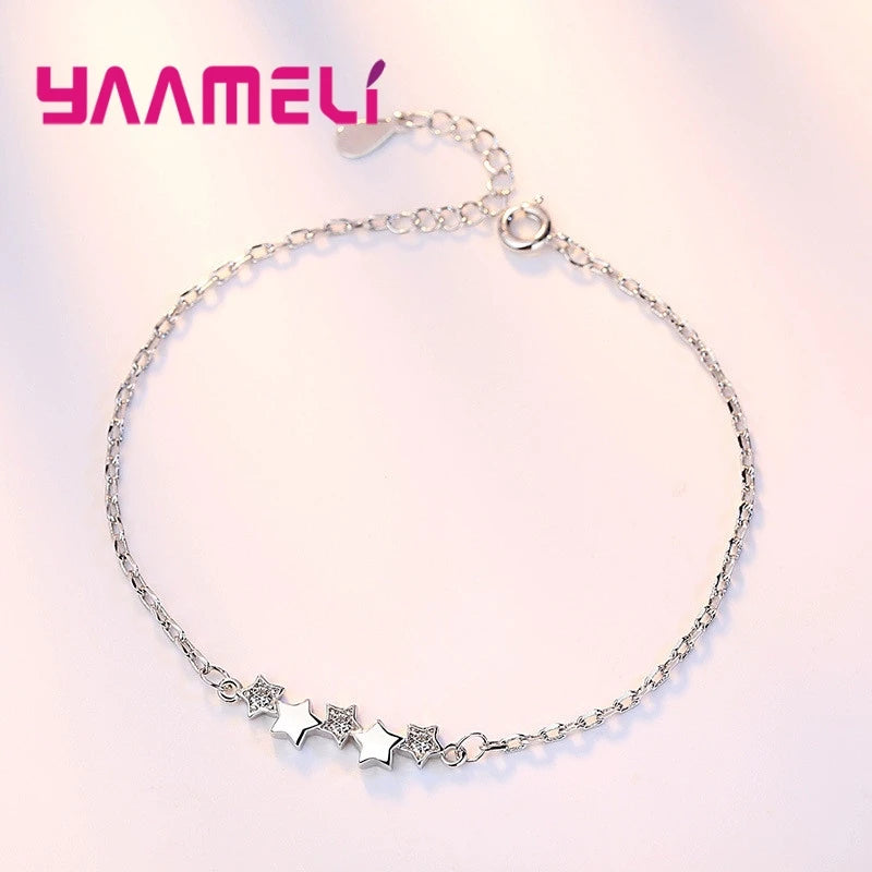High Quality 925 Sterling Silver Color Bracelet Austrian Crystal Stars Charms Women Girls Bangles Jewelry Birthday Gifts Qme