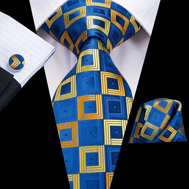 Hi-tie Yellow Blue Plaid Men's Tie Luxury Large Necktie Men Fashion Qme