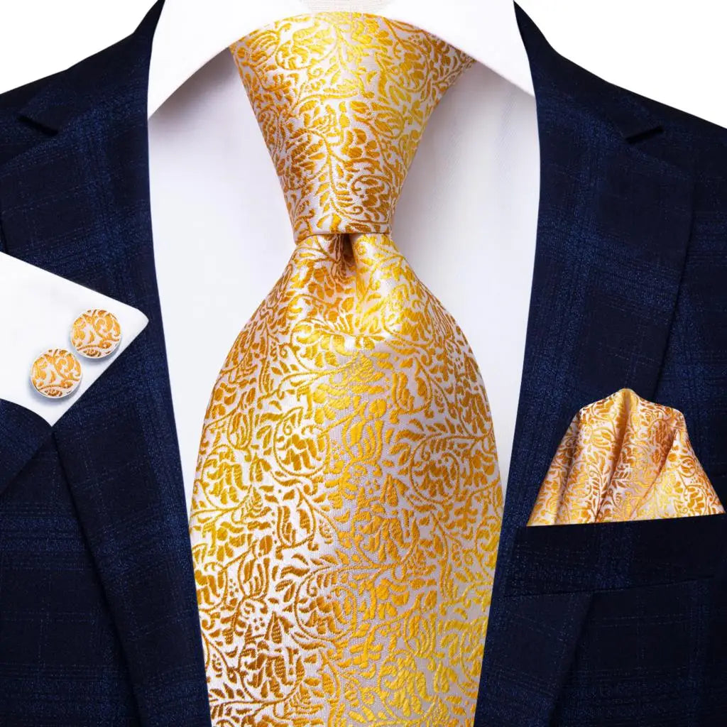 Designer Gold Solid Wedding Tie Men Handky Cufflink Striped Plaid