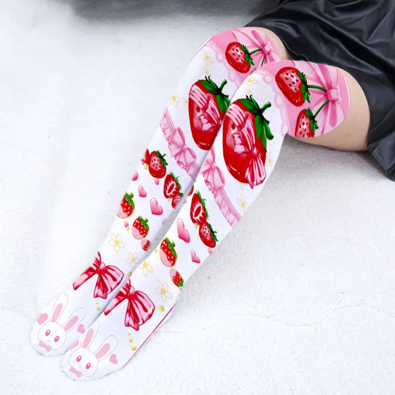 Pink Adorable Anime Tight Stocking Female 3D Printed Cute Strawberry Qme style2 One Size China Mainland