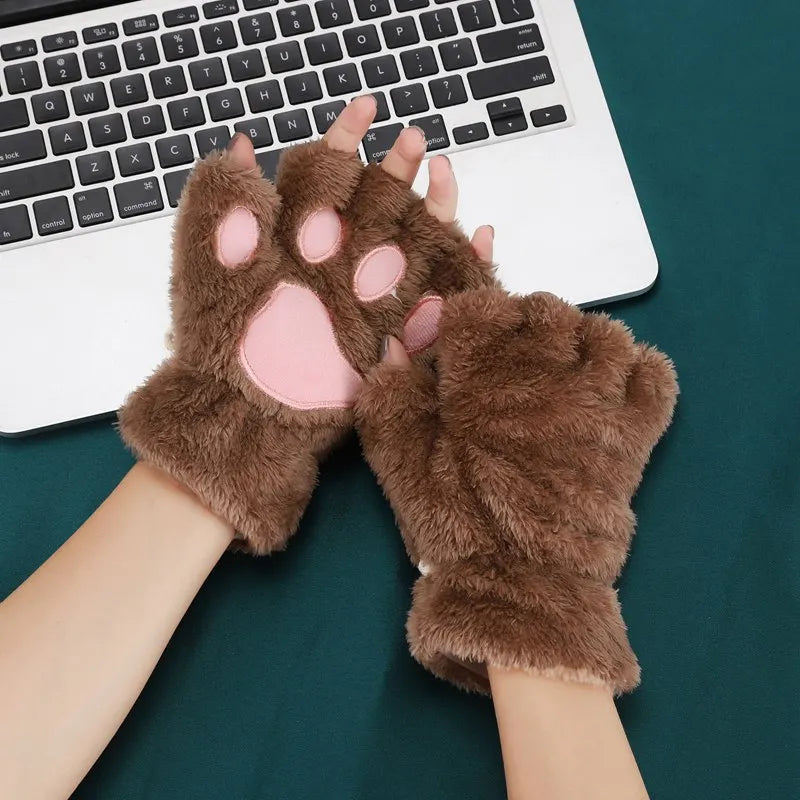 New Winter Gloves Women Bear Plush Cat Paw Claw Gloves Cute Kitten Fingerless Mittens Christmas Halloween for Girls Gift Gloves Qme camel One Size