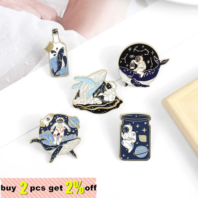 Cosmic Galaxy Astronaut Whale Enamel Lapel Pins Space Brooches Need My Space Badges Plante Pins Up Space Lover Jewelry Wholesale Qme