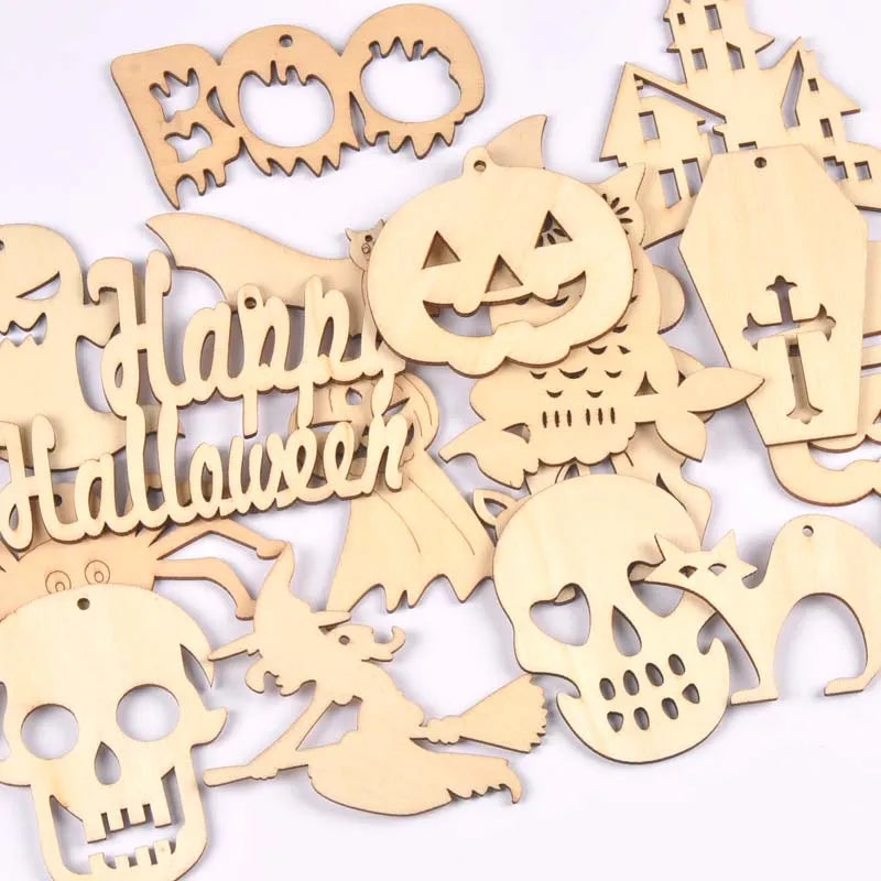Mixed Natural Wooden Halloween Pendant Wood Slices DIY Crafts Hanging Handmade Accessory Home Party Decor 60-100mm 10Pcs M2708 Qme