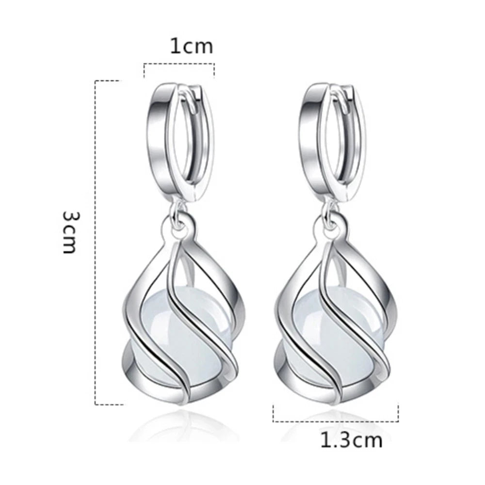 Women Bridal Jewelry Sets Vintage Pure 925 Silver Color Ethnic White Opal Stones Charming Pendant Necklace/Chain/Huggie Earrings Qme