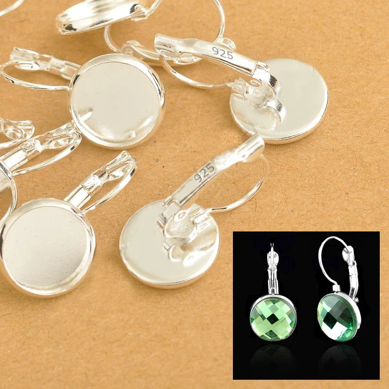 8-10-12-14-16-18-20-25MM 925 Sterling Silver Color Jewelry Findings Flat Disco Cabochon Cameo Settings Earring French Lever Back Qme