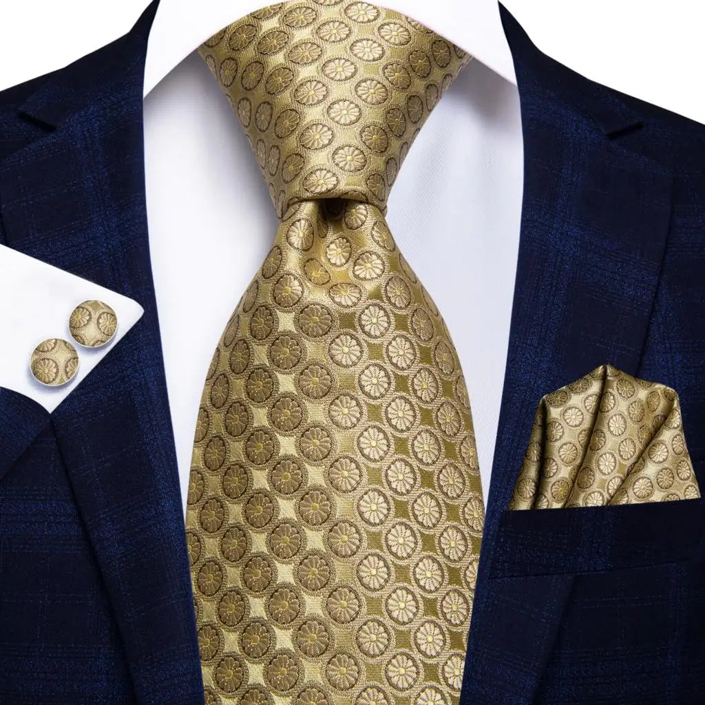 Designer Gold Solid Wedding Tie Men Handky Cufflink Striped Plaid