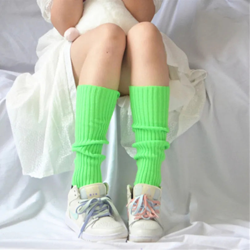 Women Leg Warmers Knee Stockings Leggings Warm Boots Leg Punk Solid Black Cool Knit Long Sock Japan Anime JK Girl Loose Socks Qme green length-40cm
