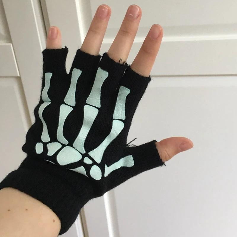 Punk Gloves Unisex Halloween Skeleton Skull Half Finger Glow Dark Qme