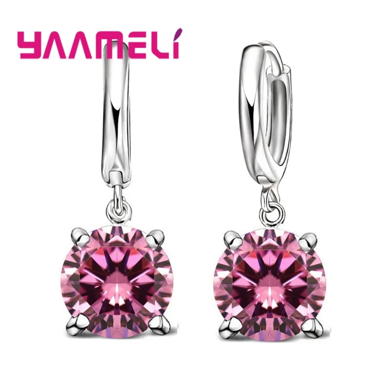 Real 925 Pure Sterling Silver Plated Dangle Earrings CZ Crystal Big Round Earwires for Women Girls Gift Fashion Wedding Jewelry Qme Pink