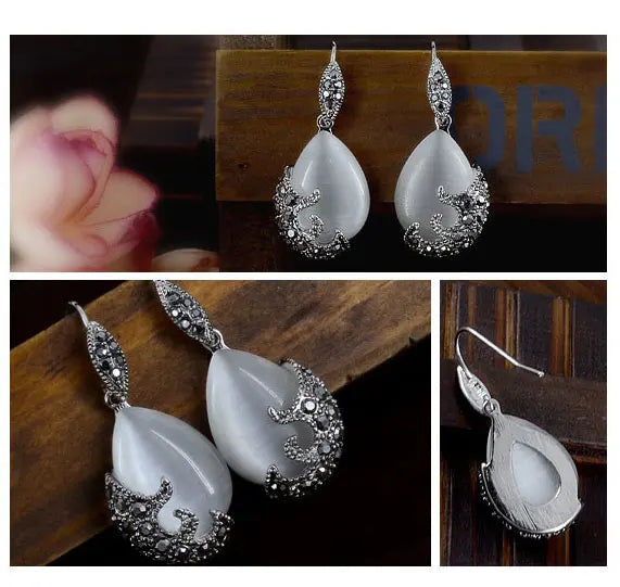 Vintage Elegant 925 Sterling Silver Color Fashion Opal Water Drop Pendants Long Necklaces Earrings Women Jewelry Sets Qme