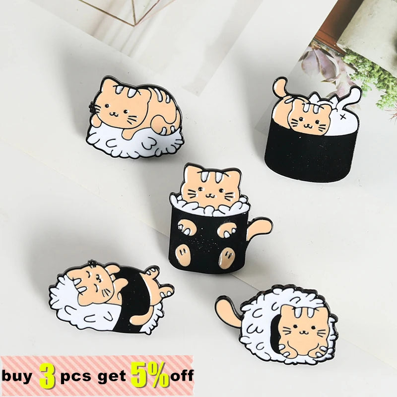 Sushi Rice Ball Cat Enamel Pins Food Badge Cartoon Brooches for Women Cute Animal Lapel Pin Bag Anime Jewelry Gift Wholesale Qme