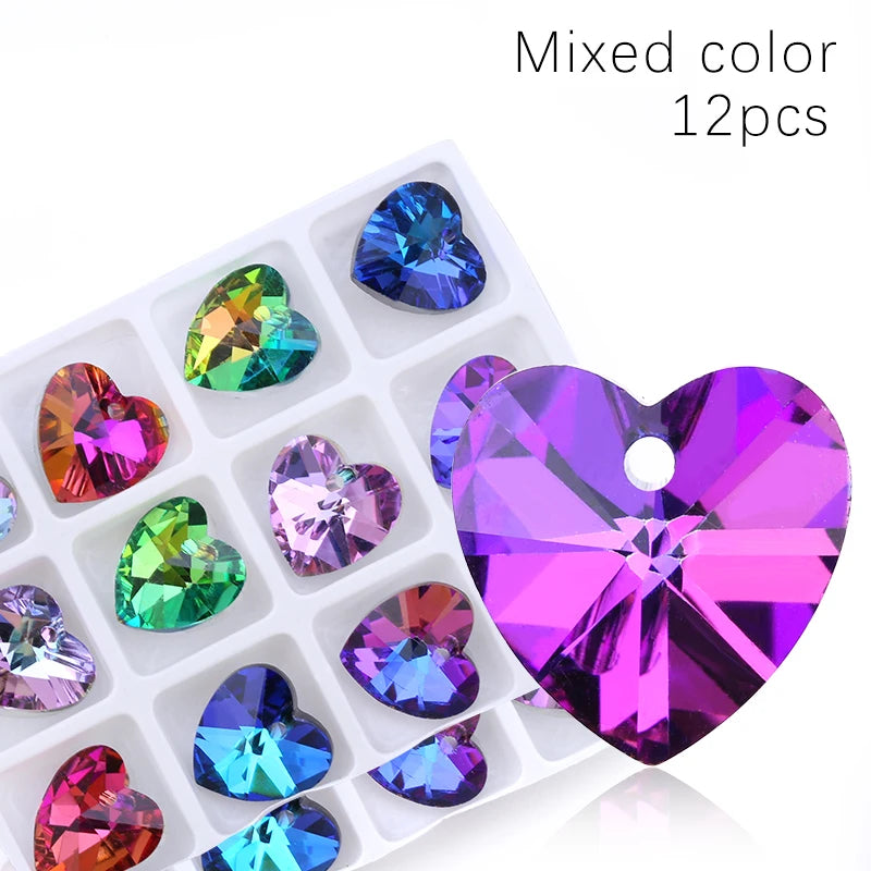 14mm Mixed Color Heart Shape Pendant Glass Beads Gems Starfish butterfly charms for Women Jewelry Making Earring Necklace DIY Qme Heart 12pcs
