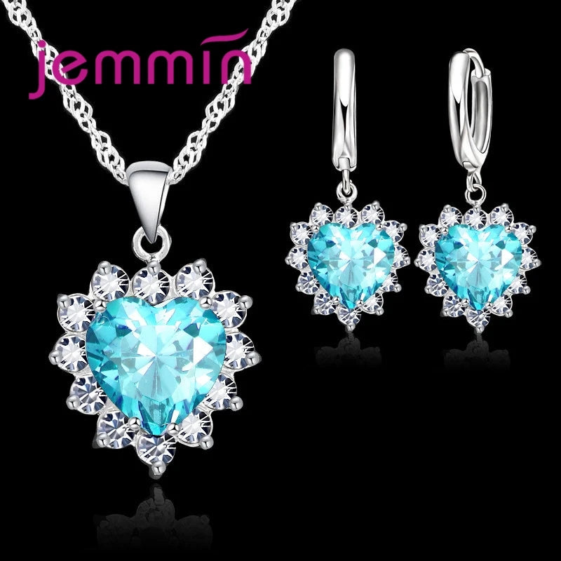 Top Sale Wding Engagement Anniversary Gift Jewelry Sets 925 Silver Color Stamped Heart Pendant Hoop Earrings for Women Girls Qme
