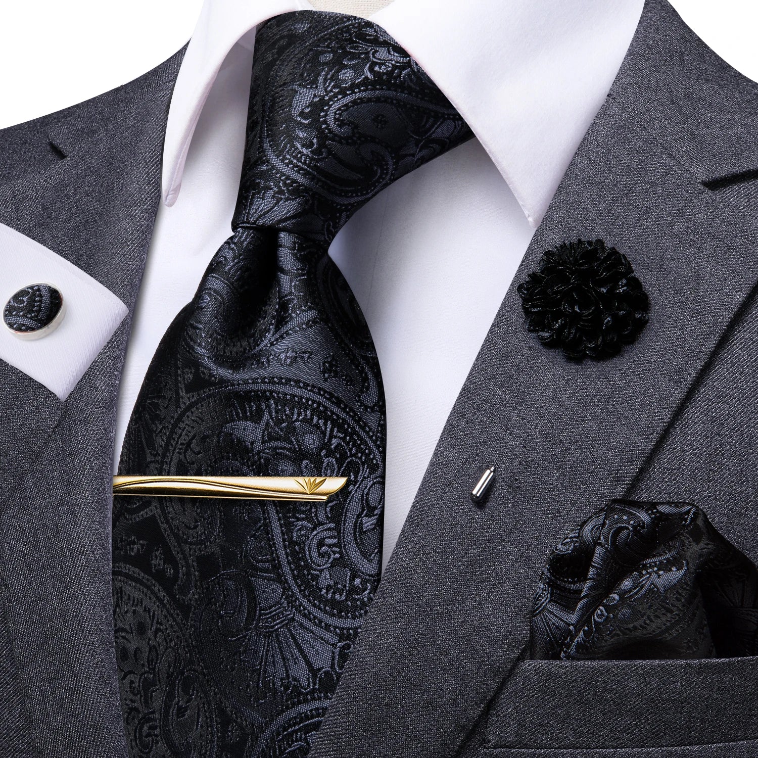 Yellow Brown Paisley Tie Men Men's Clip Luxury Necktie Hanky Qme N-1494-XH-064-LJ-403