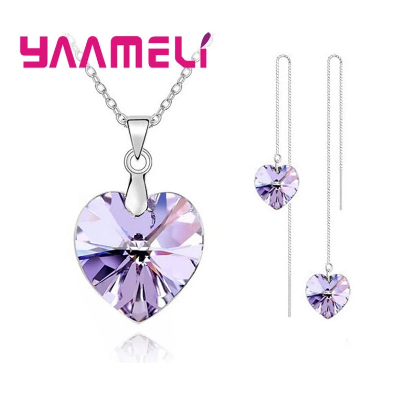 Love Heart Shape Women 925 Sterling Silver Color Bridal Jewelry Set For Wedding Fashion Crystal Pendants Necklaces Earring Set Qme Thread Purple