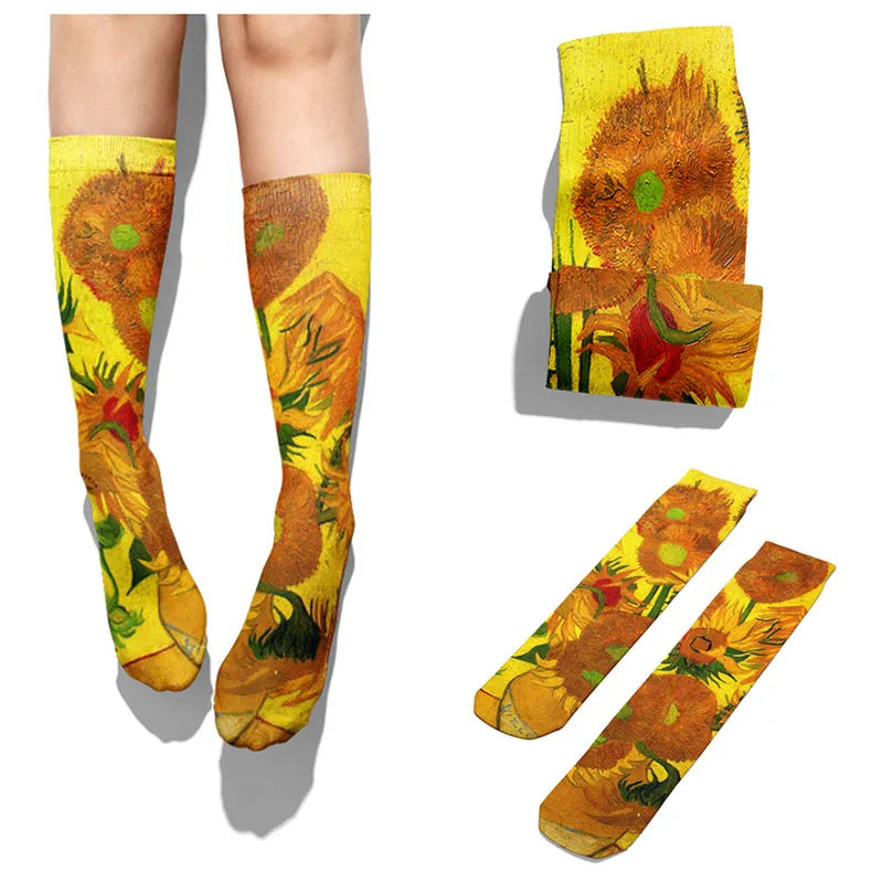 Van Gogh Mural World Famous Painting Sunflower Socks Men Novelty Qme