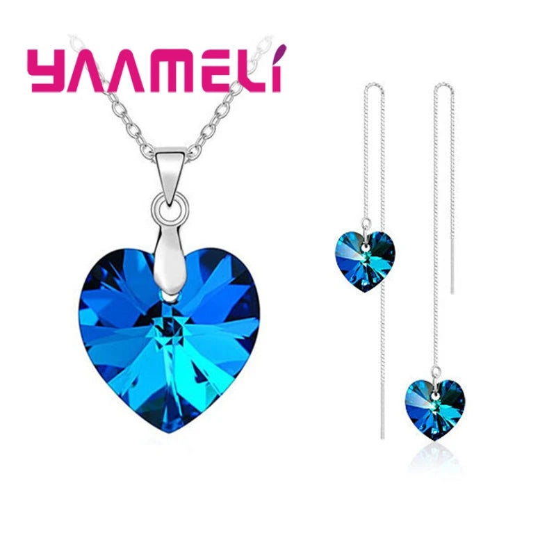 Love Heart Shape Women 925 Sterling Silver Color Bridal Jewelry Set For Wedding Fashion Crystal Pendants Necklaces Earring Set Qme Thread Blue