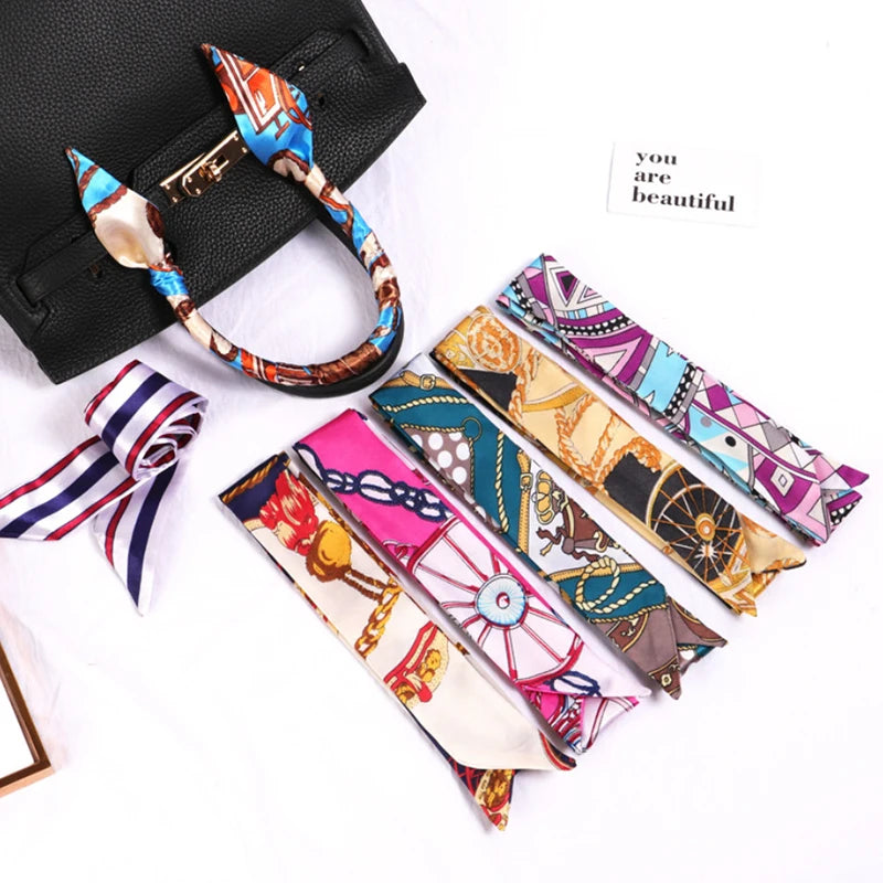 Print Flower Small Scarf Women Handle Bag Ribbons Fashion Head Long Qme