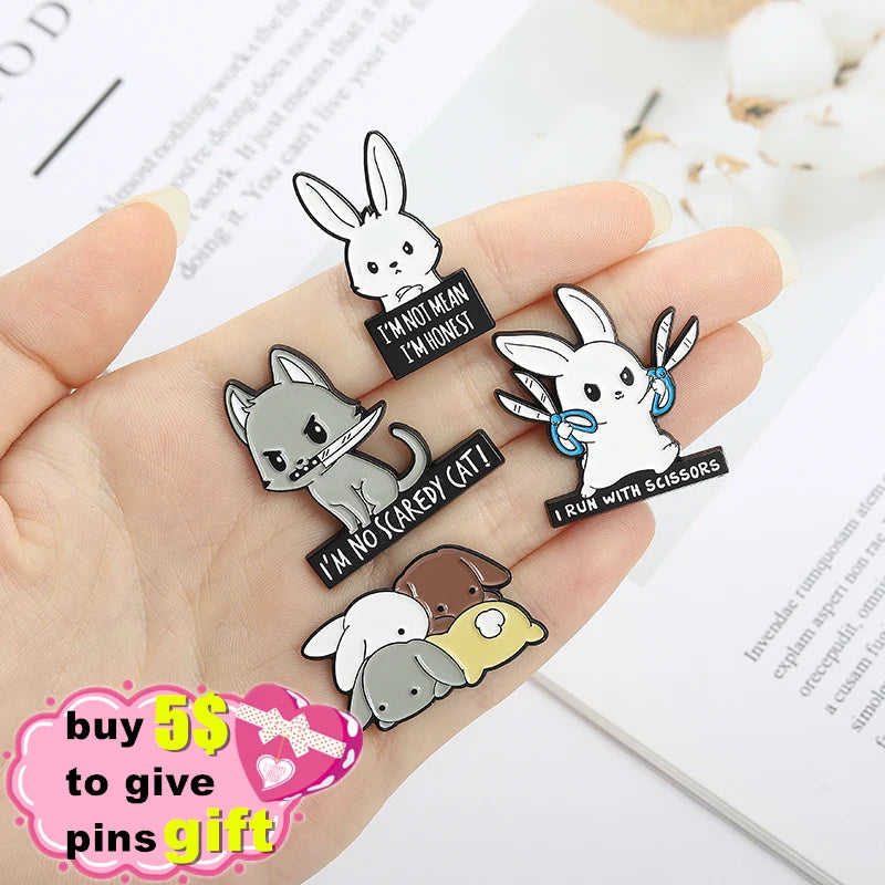 Cat Metal Brooches Kitty Dagger Scissors Book Badges Hat Bag Backpack Accessories Jewelry Bunny Rabbits Enamel Lapel Pins Qme
