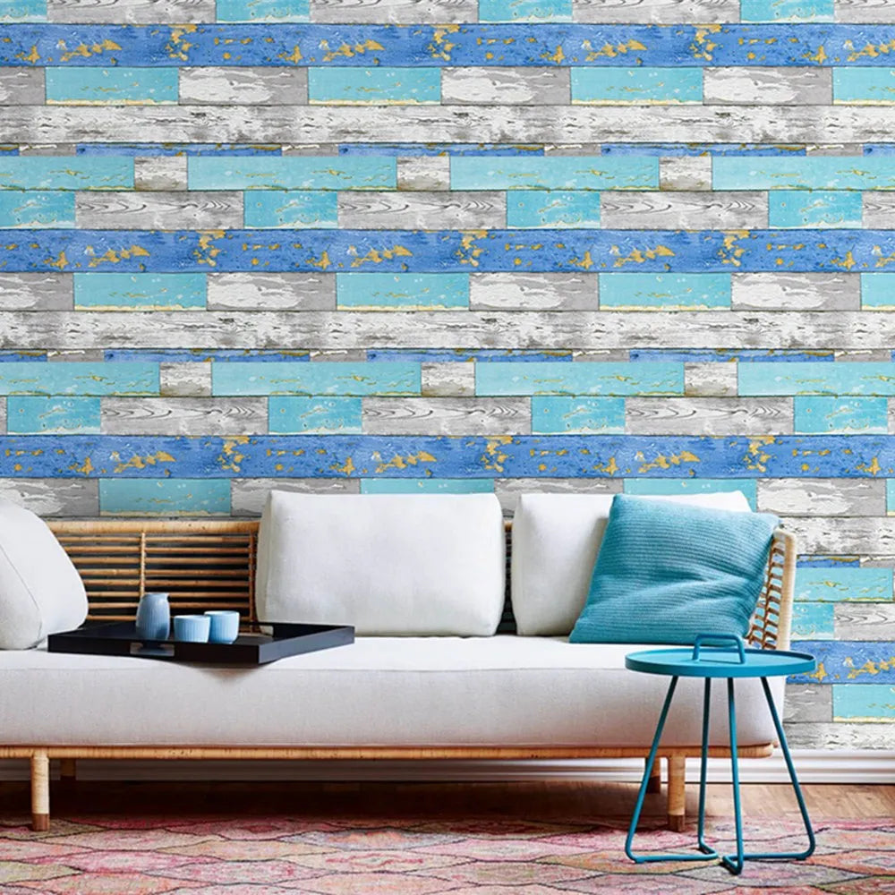 Blue Wood Vinyl Self Adhesive Wallpaper Living Room Bedroom Furniture Qme