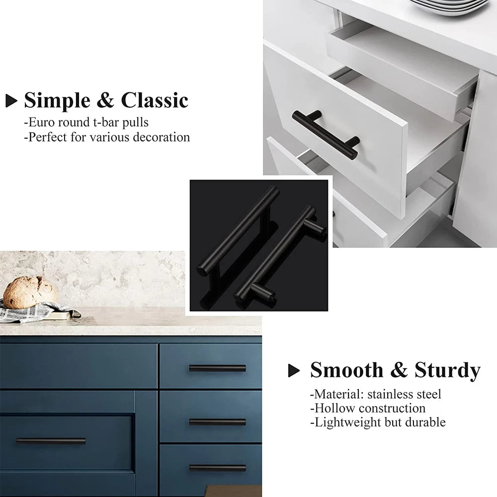 Kitchen Cabinet Pulls Furniture Drawer Handles Stainless Steel T Bar Straight Wardrobe Door Knobs Black Silver Cupboard Handle Qme