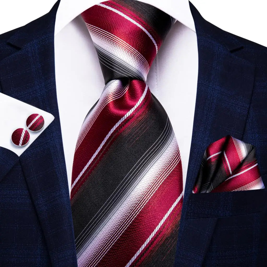 Black Red Striped Wedding Tie Men Handky Cufflink Necktie Fashion Qme