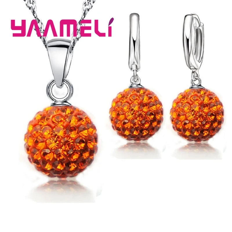 925 Sterling Silver Stamped Bridal Jewelry Sets Women Girls Wedding Gifts Austrian Crystal CZ Disco Ball Necklace Hoop Earrings Qme Orange 1