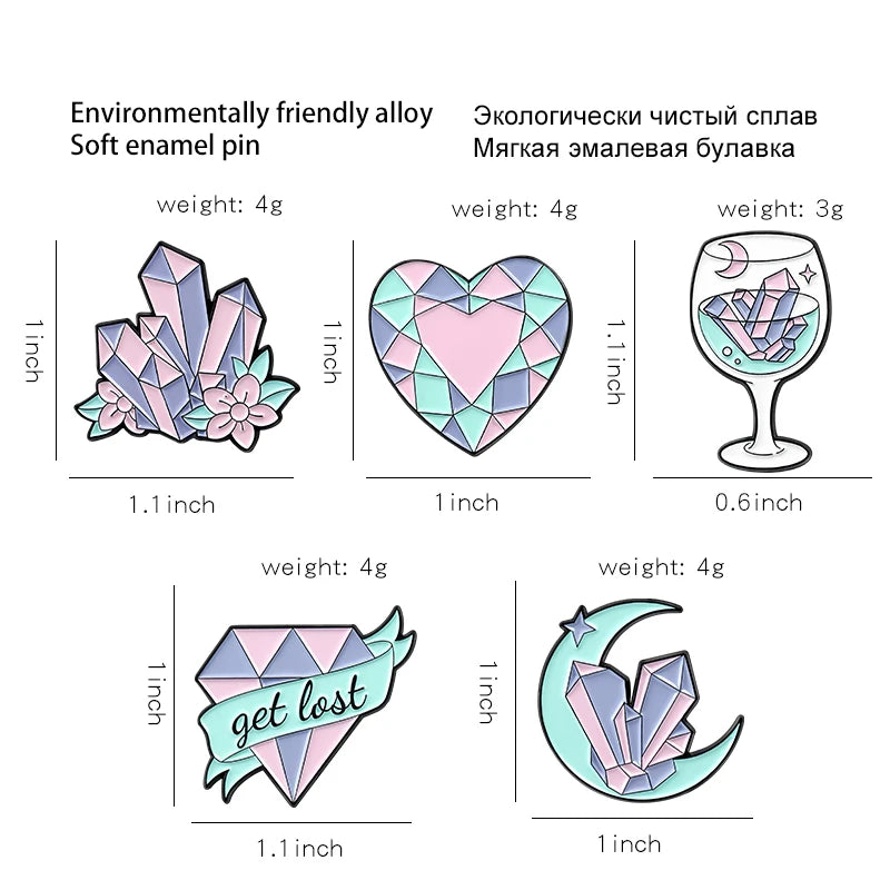 Pink Crystal Ore Enamel Pins Heart Moon Goblet Brooche for Women Backpacks Lapel Pin Cartoon Badge Jewelry Gift Wholesale Qme