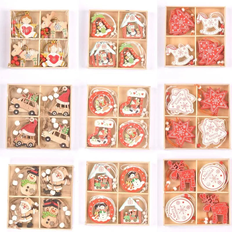 12Pcs/box New Cartoon Christmas Decorations Wooden Pendant Xmas Tree Hanging Ornaments Handmade Home Supplies Kid Gifts c2729 Qme