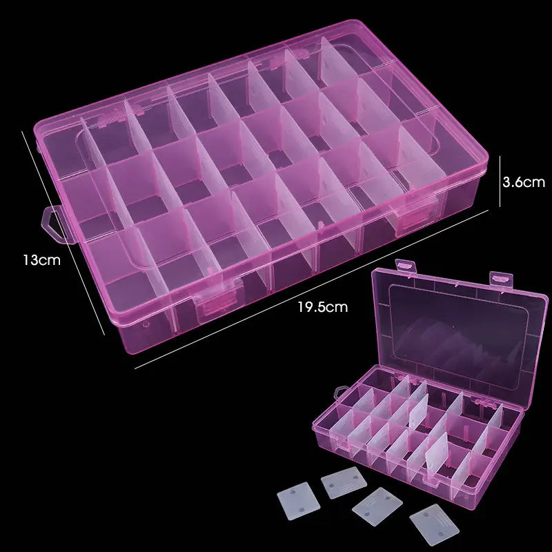 19.5x13x3.5CM Rectangle Adjustable Jewelry Container Box Case Compartment Plastic Storage Box for Beads Earrings 24 Slots 1PCS Qme Rose