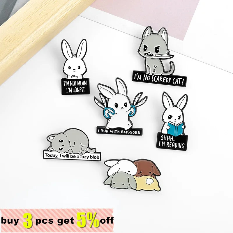 Cat Metal Brooches Kitty Dagger Scissors Book Badges Hat Bag Backpack Accessories Jewelry Bunny Rabbits Enamel Lapel Pins Qme