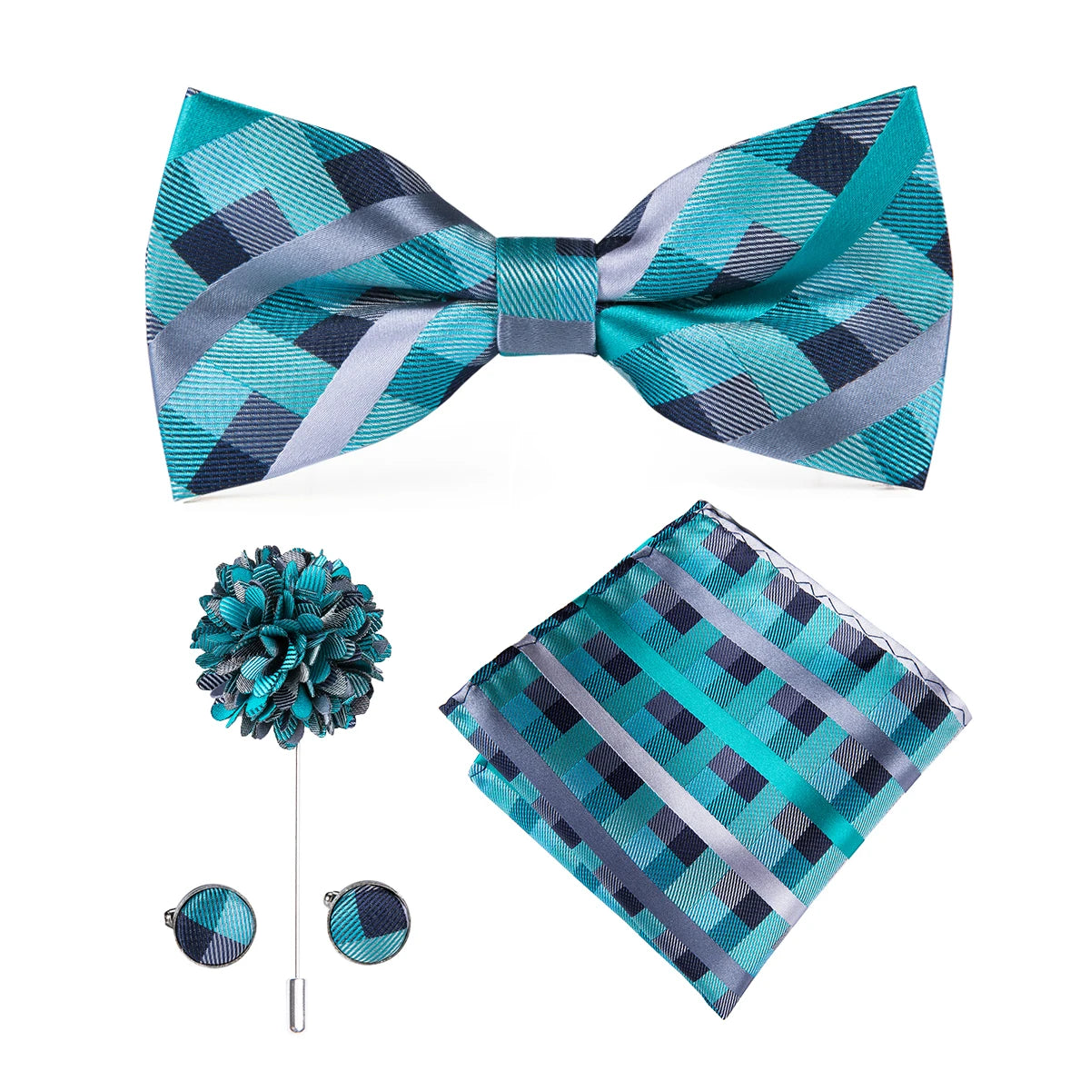 Hi-tie Silk Men's Bowtie Pocket Square Cufflinks Brooch Jacquard